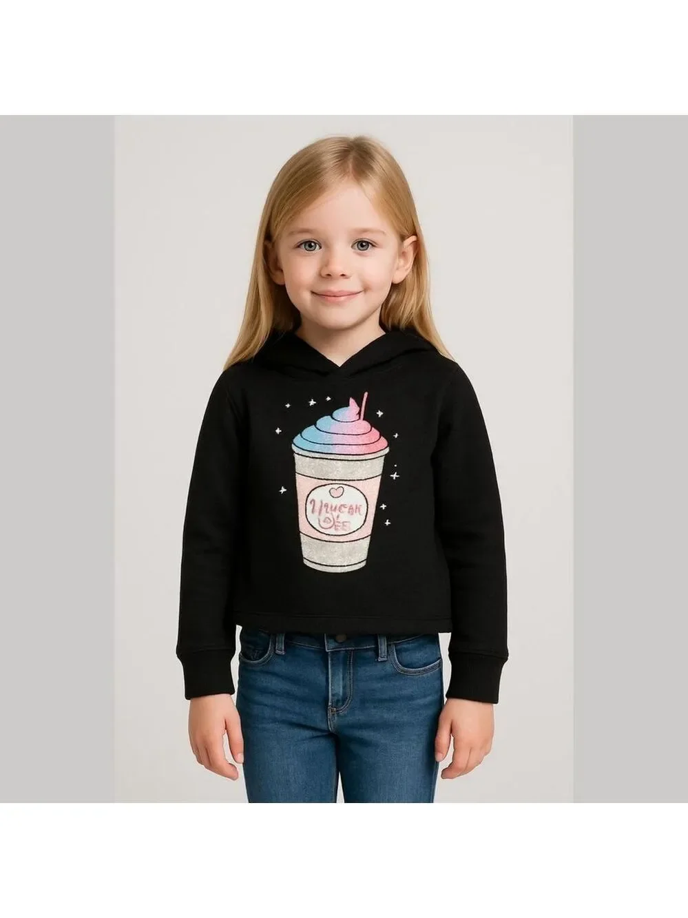 EUC Girls 8 Justice Cropped Hoodie Black Sparkle Logo Unicorn Latte